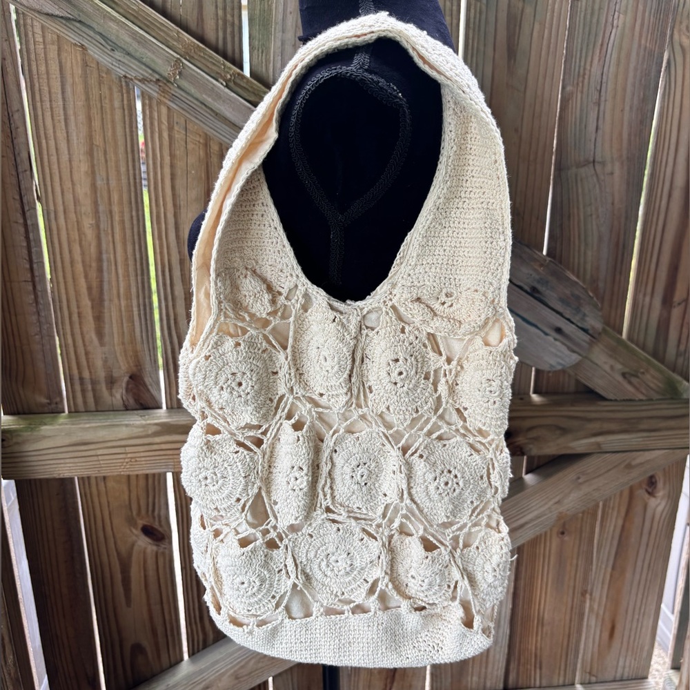 Granny Squares Crochet Fully Lined Ivory Tote Shoulder Bag - Picture 2 of 8